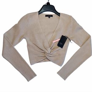 Crop Sweater Womens Large Taupe Beige Knot Front Cropped V Neck Long Sleeve New